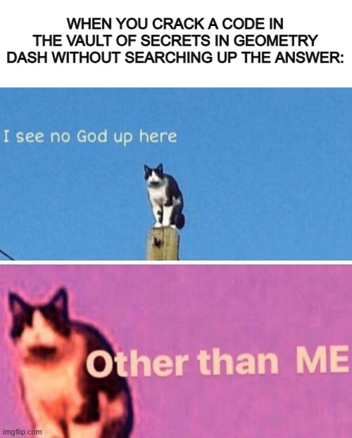 If you never searched up the answers for the codes, you're a chad :] | WHEN YOU CRACK A CODE IN THE VAULT OF SECRETS IN GEOMETRY DASH WITHOUT SEARCHING UP THE ANSWER: | image tagged in hail pole cat | made w/ Imgflip meme maker