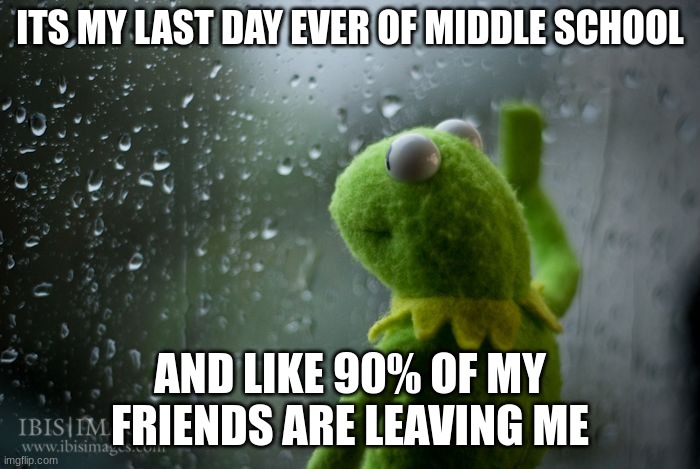 kermit window | ITS MY LAST DAY EVER OF MIDDLE SCHOOL; AND LIKE 90% OF MY FRIENDS ARE LEAVING ME | image tagged in kermit window | made w/ Imgflip meme maker