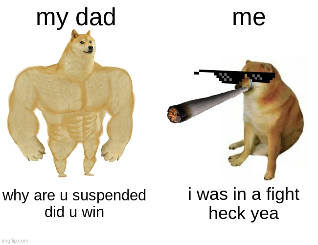 Buff Doge vs. Cheems | my dad; me; i was in a fight

heck yea; why are u suspended


did u win | image tagged in memes,buff doge vs cheems | made w/ Imgflip meme maker