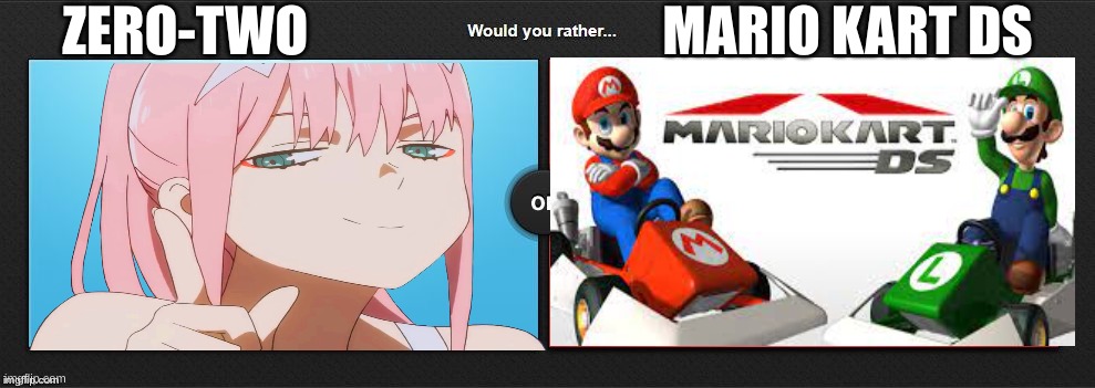 Legends only choose the right one | ZERO-TWO                                 MARIO KART DS | image tagged in would you rather | made w/ Imgflip meme maker