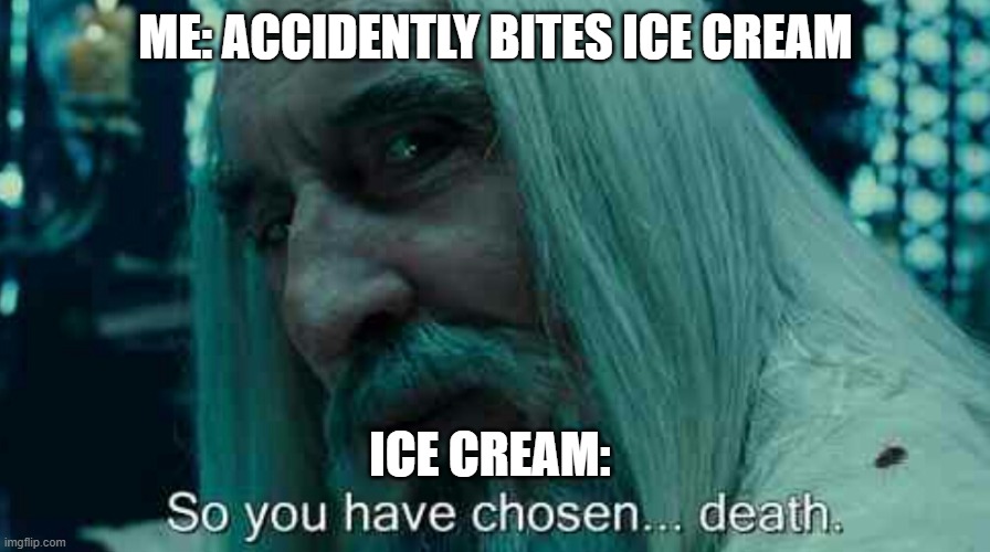 Very true | ME: ACCIDENTLY BITES ICE CREAM; ICE CREAM: | image tagged in so you have chosen death | made w/ Imgflip meme maker