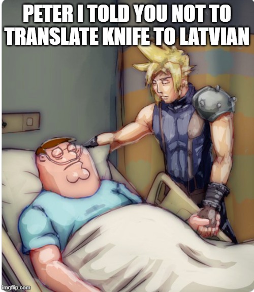 PETER I TOLD YOU | PETER I TOLD YOU NOT TO TRANSLATE KNIFE TO LATVIAN | image tagged in peter i told you | made w/ Imgflip meme maker