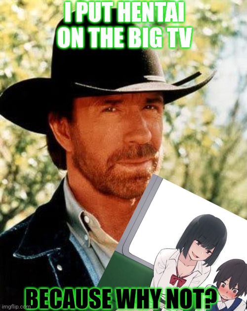 Telehentaivision | I PUT HENTAI ON THE BIG TV; BECAUSE WHY NOT? | image tagged in hentai,television,tv,telly,hentai anime girl,hentai television | made w/ Imgflip meme maker