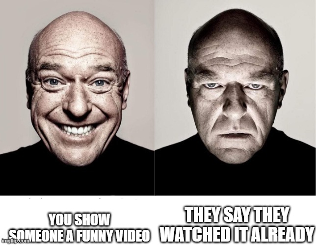 breaking bad smile frown | YOU SHOW SOMEONE A FUNNY VIDEO; THEY SAY THEY WATCHED IT ALREADY | image tagged in breaking bad smile frown | made w/ Imgflip meme maker