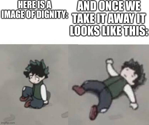 mha | HERE IS A IMAGE OF DIGNITY:; AND ONCE WE TAKE IT AWAY IT LOOKS LIKE THIS: | image tagged in deku low quality | made w/ Imgflip meme maker