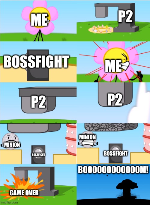 BFDI Flower’s Announcer Crusher | P2; ME; BOSSFIGHT; ME; P2; P2; MINION; MINION; BOSSFIGHT; BOSSFIGHT; BOOOOOOOOOOOOM! GAME OVER | image tagged in bfdi flower s announcer crusher | made w/ Imgflip meme maker