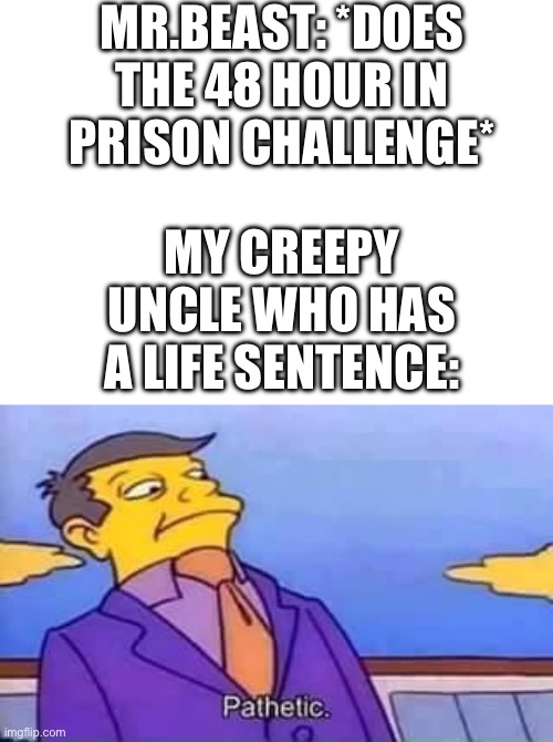 “Pathetic” | MR.BEAST: *DOES THE 48 HOUR IN PRISON CHALLENGE*; MY CREEPY UNCLE WHO HAS A LIFE SENTENCE: | image tagged in skinner pathetic | made w/ Imgflip meme maker