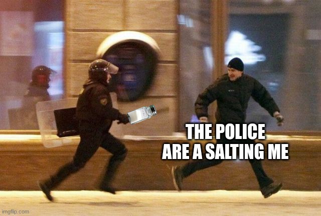 Police Chasing Guy | THE POLICE ARE A SALTING ME | image tagged in police chasing guy | made w/ Imgflip meme maker