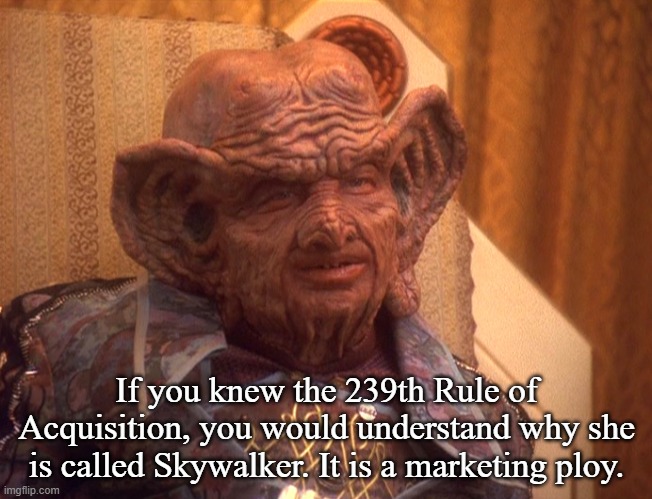 Grand Nagus Zek | If you knew the 239th Rule of Acquisition, you would understand why she is called Skywalker. It is a marketing ploy. | image tagged in grand nagus zek | made w/ Imgflip meme maker