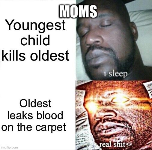 Sleeping Shaq Meme | MOMS; Youngest child kills oldest; Oldest leaks blood on the carpet | image tagged in memes,sleeping shaq | made w/ Imgflip meme maker