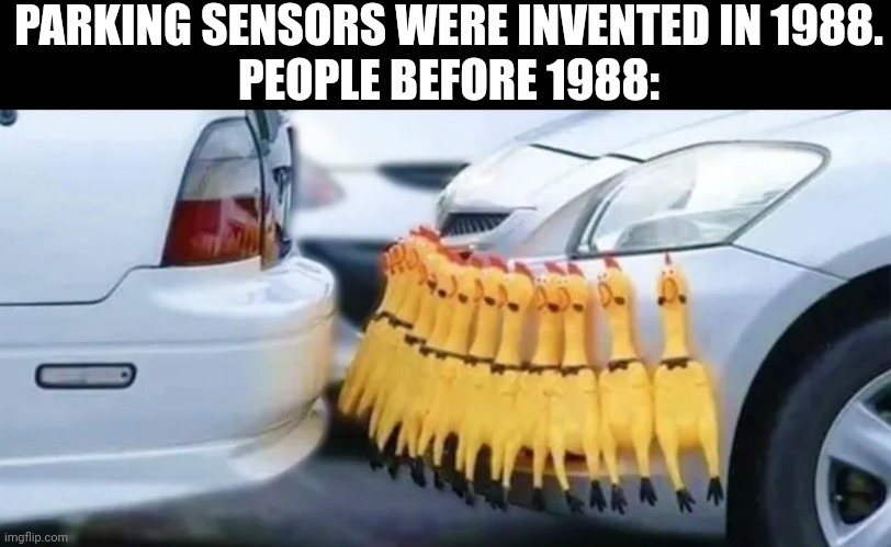 It's time to drive. Grab the chickens. | PARKING SENSORS WERE INVENTED IN 1988.
PEOPLE BEFORE 1988: | image tagged in memes,funny,x before y was invented | made w/ Imgflip meme maker