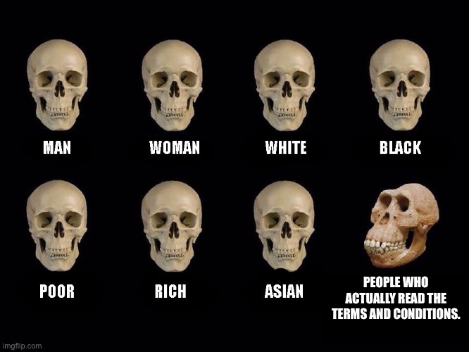 empty skulls of truth | PEOPLE WHO ACTUALLY READ THE TERMS AND CONDITIONS. | image tagged in empty skulls of truth | made w/ Imgflip meme maker