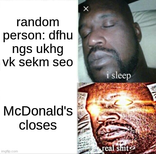NOOOOOOO MacDonald's can't close!!!!!!!!!!!!!!!! | random person: dfhu ngs ukhg vk sekm seo; McDonald's closes | image tagged in memes,sleeping shaq | made w/ Imgflip meme maker