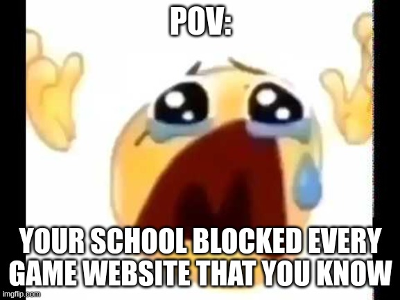 true | POV:; YOUR SCHOOL BLOCKED EVERY GAME WEBSITE THAT YOU KNOW | image tagged in cursed crying emoji,sad,school,funny,fun,true | made w/ Imgflip meme maker