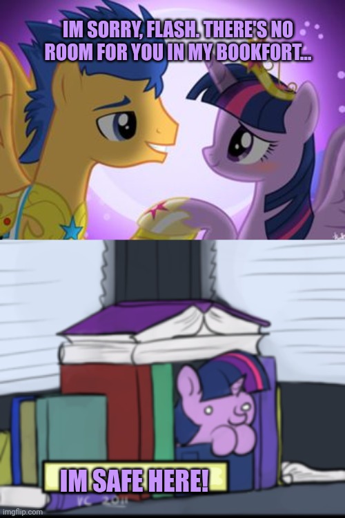 Boooooks | IM SORRY, FLASH. THERE'S NO ROOM FOR YOU IN MY BOOKFORT... IM SAFE HERE! | image tagged in books,so much books,twilight sparkle,flash sentry | made w/ Imgflip meme maker