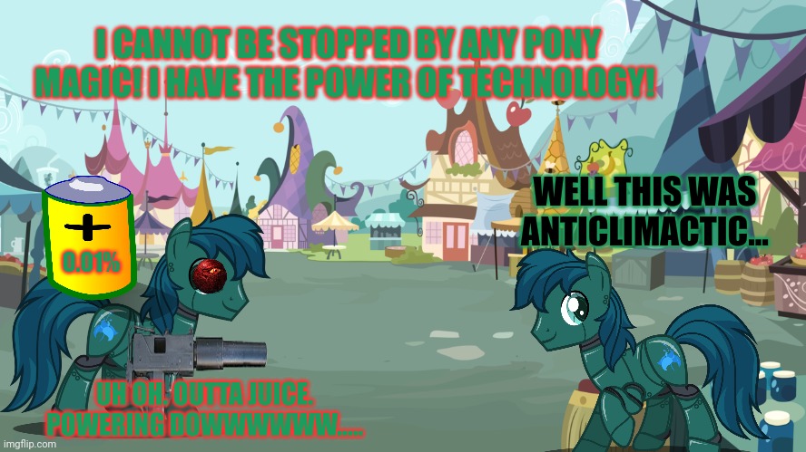 Mlp background | 0.01% I CANNOT BE STOPPED BY ANY PONY MAGIC! I HAVE THE POWER OF TECHNOLOGY! UH OH. OUTTA JUICE. POWERING DOWWWWWW..... WELL THIS WAS ANTICL | image tagged in mlp background | made w/ Imgflip meme maker