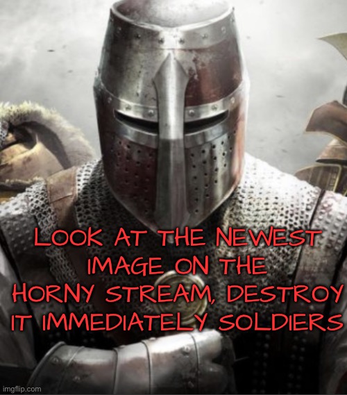 Destroy them all | LOOK AT THE NEWEST IMAGE ON THE HORNY STREAM, DESTROY IT IMMEDIATELY SOLDIERS | image tagged in crusader knight stare | made w/ Imgflip meme maker