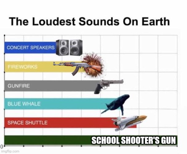 The Loudest Sounds on Earth | SCHOOL SHOOTER'S GUN | image tagged in the loudest sounds on earth | made w/ Imgflip meme maker
