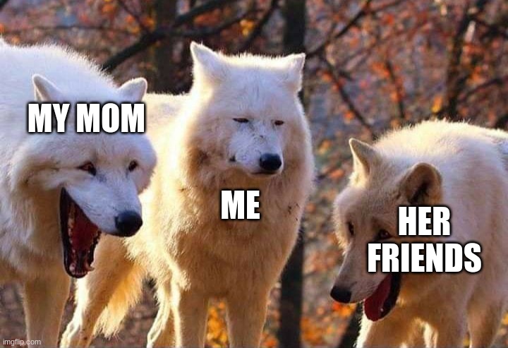 when my mom sees her friends when shes out | MY MOM; ME; HER FRIENDS | image tagged in laughing wolf,memes,mom | made w/ Imgflip meme maker