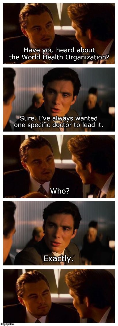 Makes sense… | Have you heard about the World Health Organization? Sure. I’ve always wanted one specific doctor to lead it. Who? Exactly. | image tagged in leonardo inception extended | made w/ Imgflip meme maker