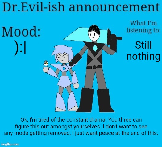 (sylceon/sylcmori, eggy, and goober) | ):|; Still nothing; Ok, I'm tired of the constant drama. You three can figure this out amongst yourselves. I don't want to see any mods getting removed, I just want peace at the end of this. | image tagged in dr evil-ish new announcement template | made w/ Imgflip meme maker