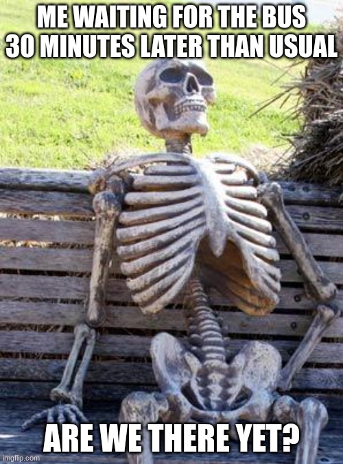 Waiting Skeleton | ME WAITING FOR THE BUS 30 MINUTES LATER THAN USUAL; ARE WE THERE YET? | image tagged in memes,waiting skeleton | made w/ Imgflip meme maker