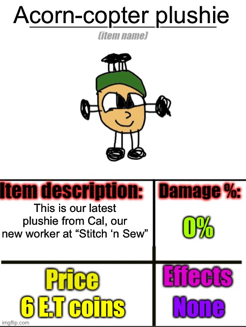 Item-shop extended | Acorn-copter plushie; 0%; This is our latest plushie from Cal, our new worker at “Stitch ‘n Sew”; 6 E.T coins; None | image tagged in item-shop extended | made w/ Imgflip meme maker