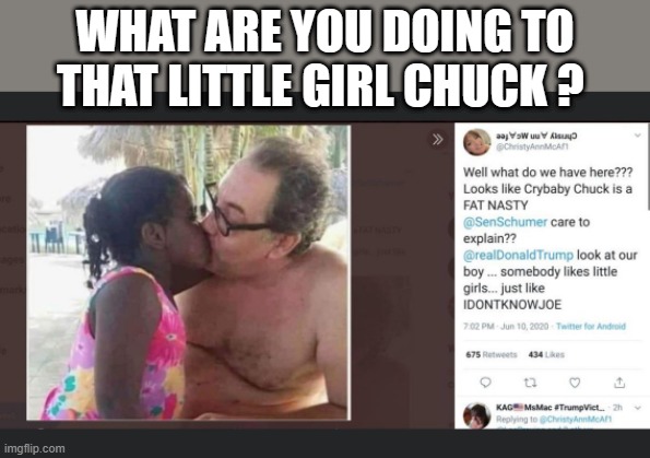 GEE look at that Etu chuck ?? is that Chuck? | WHAT ARE YOU DOING TO THAT LITTLE GIRL CHUCK ? | image tagged in democrats,nwo | made w/ Imgflip meme maker