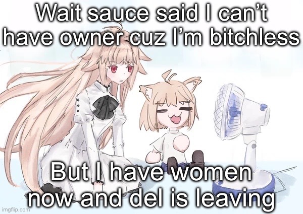 Why is this coming to mind now | Wait sauce said I can’t have owner cuz I’m bitchless; But I have women now and del is leaving | image tagged in neco arc | made w/ Imgflip meme maker