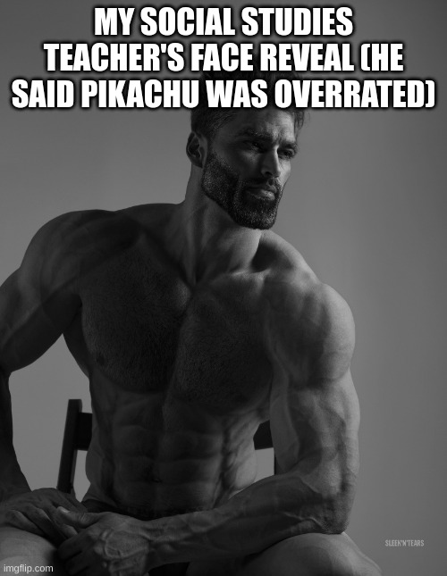 True story | MY SOCIAL STUDIES TEACHER'S FACE REVEAL (HE SAID PIKACHU WAS OVERRATED) | image tagged in giga chad | made w/ Imgflip meme maker