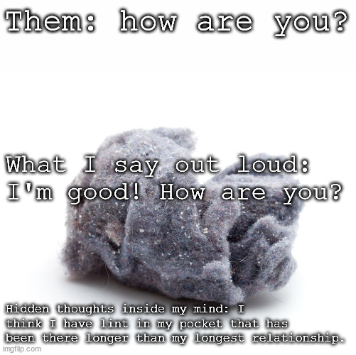 Lint | Them: how are you? What I say out loud: I'm good! How are you? Hidden thoughts inside my mind: I think I have lint in my pocket that has been there longer than my longest relationship. | image tagged in relationships,human,lies | made w/ Imgflip meme maker