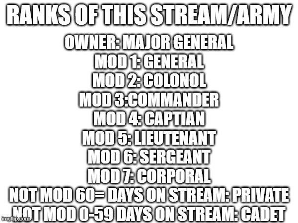 Ranks of the army/stream | RANKS OF THIS STREAM/ARMY; OWNER: MAJOR GENERAL
MOD 1: GENERAL
MOD 2: COLONOL
MOD 3:COMMANDER
MOD 4: CAPTIAN
MOD 5: LIEUTENANT
MOD 6: SERGEANT
MOD 7: CORPORAL
NOT MOD 60= DAYS ON STREAM: PRIVATE
NOT MOD 0-59 DAYS ON STREAM: CADET | made w/ Imgflip meme maker