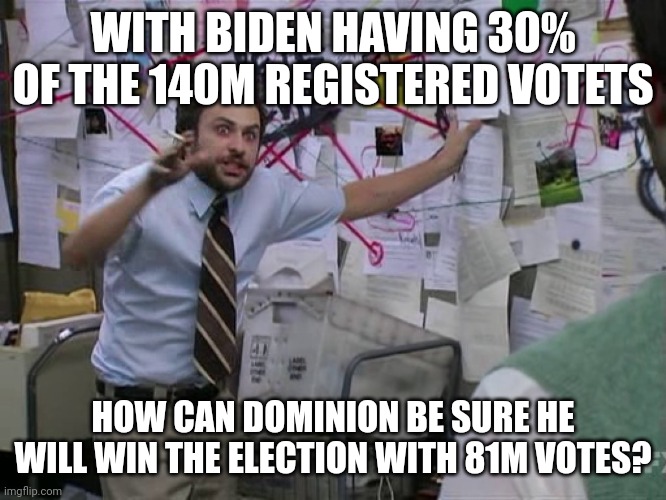 Welcome to the death star | WITH BIDEN HAVING 30% OF THE 140M REGISTERED VOTETS; HOW CAN DOMINION BE SURE HE WILL WIN THE ELECTION WITH 81M VOTES? | image tagged in charlie conspiracy always sunny in philidelphia | made w/ Imgflip meme maker