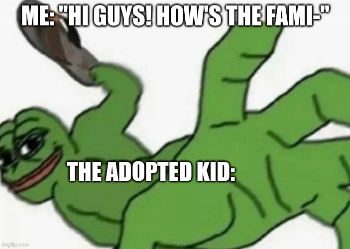 Frog slap | ME: "HI GUYS! HOW'S THE FAMI-"; THE ADOPTED KID: | image tagged in frog slap | made w/ Imgflip meme maker