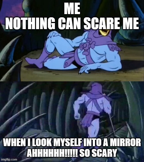 my face | ME
NOTHING CAN SCARE ME; WHEN I LOOK MYSELF INTO A MIRROR
AHHHHHH!!!!! SO SCARY | image tagged in skeletor disturbing facts | made w/ Imgflip meme maker