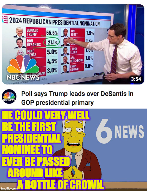 The election may decide whether he serves a term in office or jail.  Expect a high turn-out. | HE COULD VERY WELL
BE THE FIRST
PRESIDENTIAL
NOMINEE TO
EVER BE PASSED
   AROUND LIKE 
        A BOTTLE OF CROWN. | image tagged in kent brockman,memes,trump for prison | made w/ Imgflip meme maker