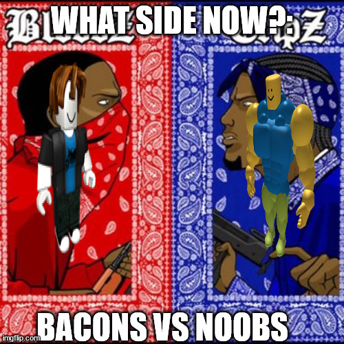 Gang war | WHAT SIDE NOW?:; BACONS VS NOOBS | image tagged in gang war meme,what side | made w/ Imgflip meme maker
