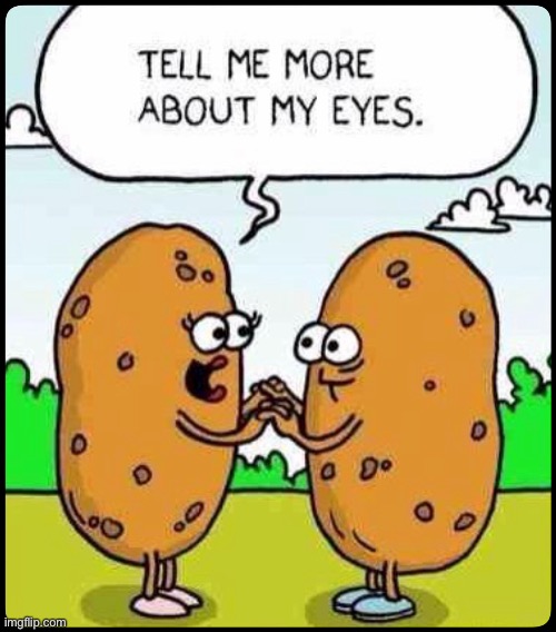 Go on tell me more | image tagged in tell me,about my eyes,potatoes,best friends,comics | made w/ Imgflip meme maker