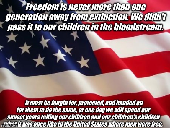 Freedom, Ronald Reagan | Freedom is never more than one generation away from extinction. We didn't pass it to our children in the bloodstream. It must be fought for, protected, and handed on for them to do the same, or one day we will spend our sunset years telling our children and our children's children what it was once like in the United States where men were free. | image tagged in american flag | made w/ Imgflip meme maker