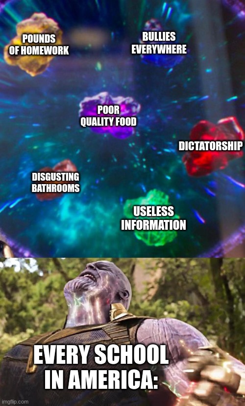 This is exactly what's happening to me right now. | POUNDS OF HOMEWORK; BULLIES EVERYWHERE; POOR QUALITY FOOD; DICTATORSHIP; DISGUSTING BATHROOMS; USELESS INFORMATION; EVERY SCHOOL IN AMERICA: | image tagged in thanos infinity stones,relatable | made w/ Imgflip meme maker