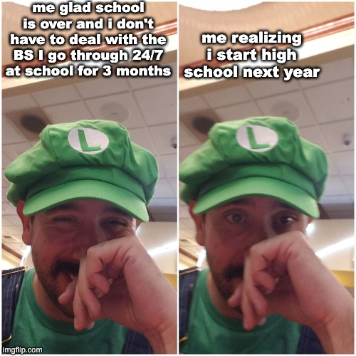 yaya summer break | me glad school is over and i don't have to deal with the BS I go through 24/7 at school for 3 months; me realizing i start high school next year | image tagged in luigi happy then sad | made w/ Imgflip meme maker