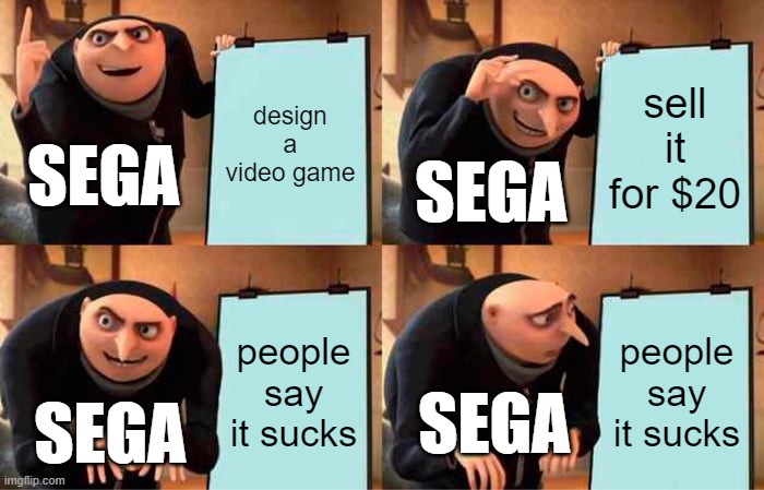 Gru's Plan | design a video game; sell it for $20; SEGA; SEGA; people say it sucks; people say it sucks; SEGA; SEGA | image tagged in memes,gru's plan | made w/ Imgflip meme maker