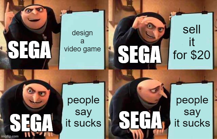 Gru's Plan Meme | design a video game; sell it for $20; SEGA; SEGA; people say it sucks; people say it sucks; SEGA; SEGA | image tagged in memes,gru's plan | made w/ Imgflip meme maker