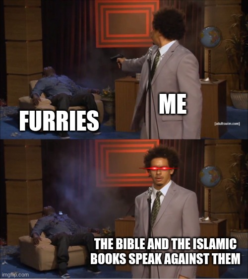 Books | ME; FURRIES; THE BIBLE AND THE ISLAMIC BOOKS SPEAK AGAINST THEM | image tagged in memes,who killed hannibal,anti furry,christian,islam | made w/ Imgflip meme maker