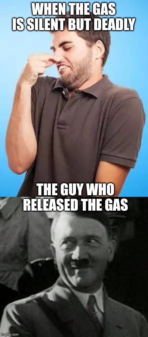 Bad gas | WHEN THE GAS IS SILENT BUT DEADLY; THE GUY WHO RELEASED THE GAS | image tagged in that's stinky man,hitler laugh | made w/ Imgflip meme maker
