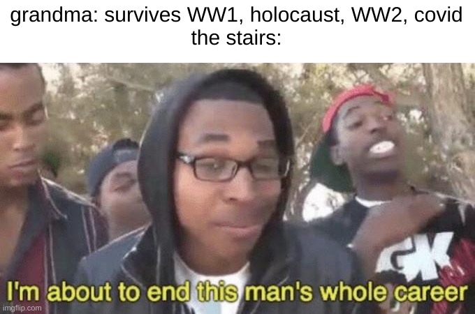 ow | grandma: survives WW1, holocaust, WW2, covid
the stairs: | image tagged in i m about to end this man s whole career,oof | made w/ Imgflip meme maker