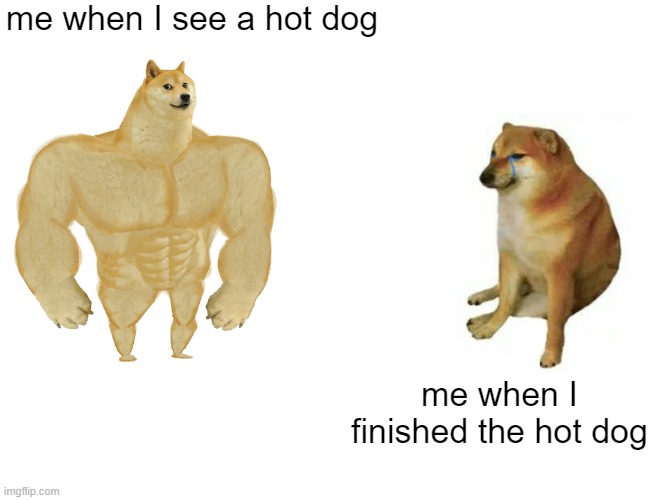 dogs in the street | me when I see a hot dog; me when I finished the hot dog | image tagged in hungry dog | made w/ Imgflip meme maker
