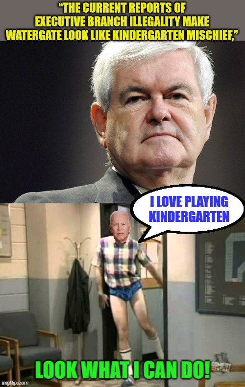 Stop encouraging him Newt... | “THE CURRENT REPORTS OF EXECUTIVE BRANCH ILLEGALITY MAKE WATERGATE LOOK LIKE KINDERGARTEN MISCHIEF,”; I LOVE PLAYING KINDERGARTEN | image tagged in newt gingrich,kindergarten,pedo,peter | made w/ Imgflip meme maker
