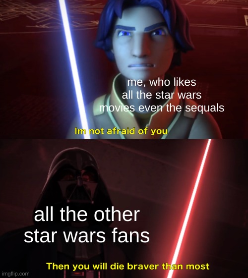 -_- | me, who likes all the star wars movies even the sequals; all the other star wars fans | image tagged in im not afraid of you,why | made w/ Imgflip meme maker