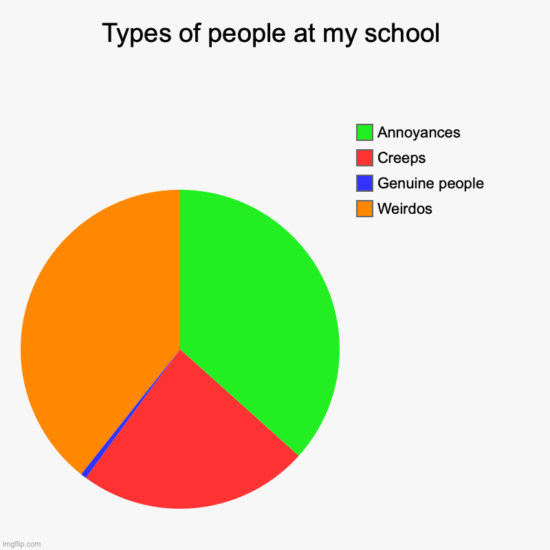 people at school | Types of people at my school | Weirdos, Genuine people, Creeps, Annoyances | image tagged in charts,pie charts | made w/ Imgflip chart maker